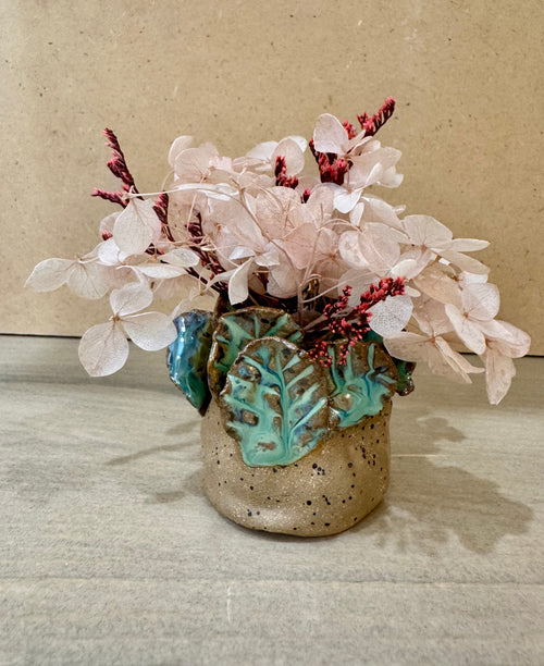 Teal Drip Bud Vase with pink dried florals